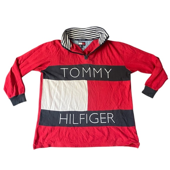 Vintage Tommy Hilfiger Big Flag Logo Rugby Shirt Red Half Sleeve Polo M fit S - Picture 1 of 6